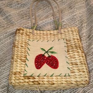 Strawberry Embellished Straw Tote Bag